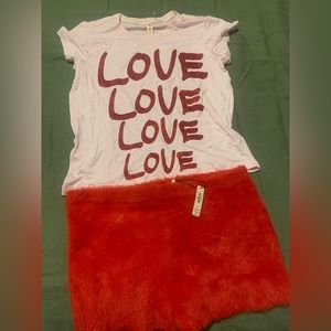 Fuzzy red shorts with pink and red Love shirt